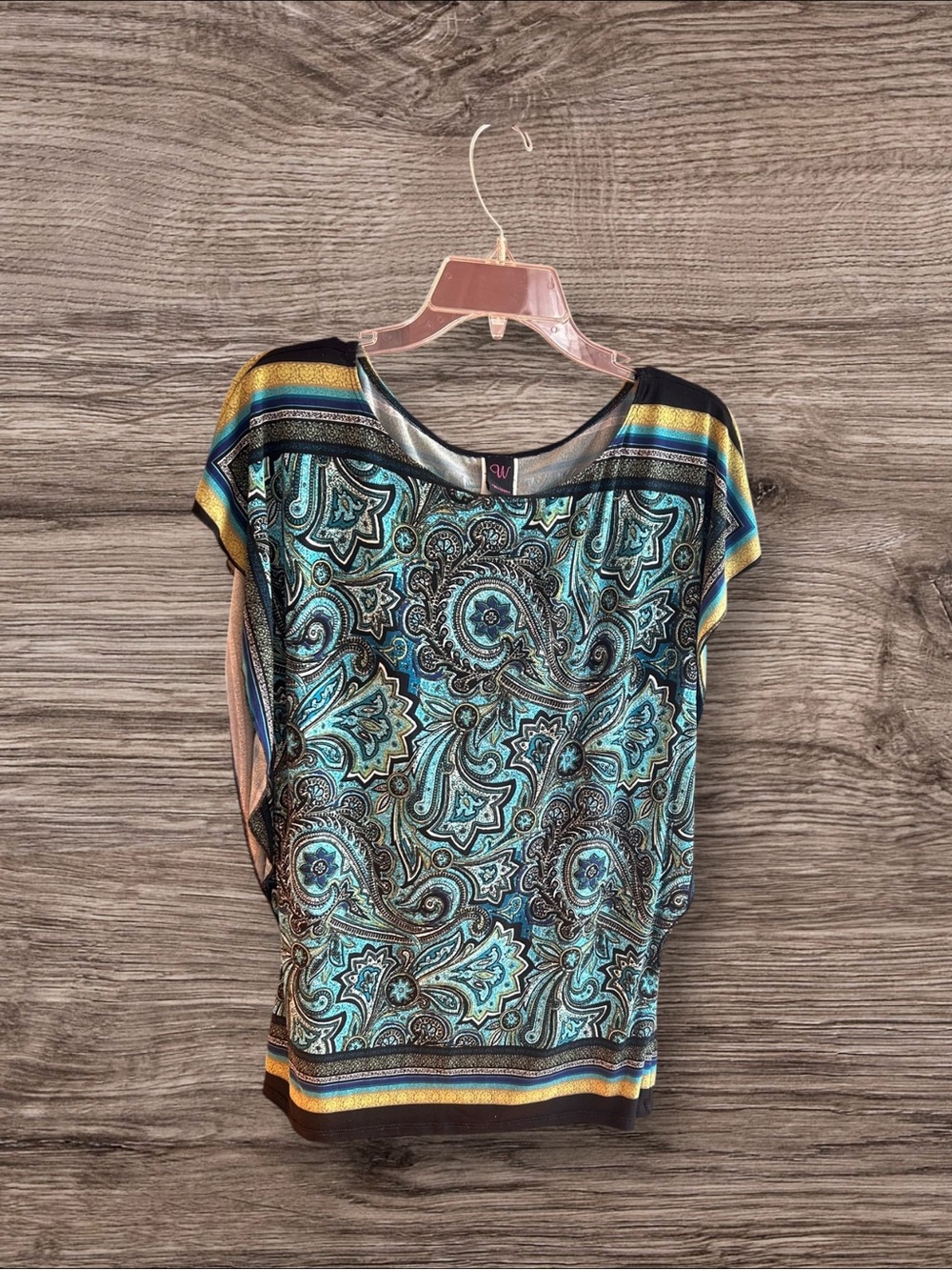 Wrapper turquoise black white green paisley print tunic top Size S